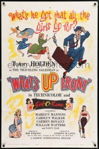 7h965 WHAT'S UP FRONT 1sh '64 Tommy Holden as traveling bra salesman!