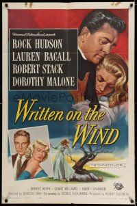 7h989 WRITTEN ON THE WIND 1sh '56 Brown art of sexy Lauren Bacall with Rock Hudson & Robert Stack!