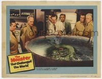 7j497 MONSTER THAT CHALLENGED THE WORLD LC #4 '57 Tim Holt & men examine creature in water tank!