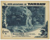 7j529 NEW ADVENTURES OF TARZAN chapter 6 LC '35 Bruce Bennett with knife stands over fallen lion!