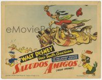 7j719 SALUDOS AMIGOS LC '43 Disney, cartoon image of Goofy on horse + Joe Carioca & Donald Duck!