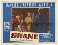 7j044 SHANE LC #3 '53 Alan Ladd in buckskin enters homestead of Van Heflin & Jean Arthur!