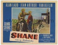 7j041 SHANE LC #5 '53 best card in set, Alan Ladd in buckskin on horseback with Brandon de Wilde!