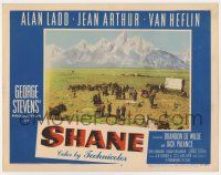 7j048 SHANE LC #8 '53 far shot of Alan Ladd, Jean Arthur, Heflin & De Wilde at Torrey's funeral!