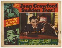7j752 SUDDEN FEAR LC #4 '52 super close up of Jack Palance on couch with Joan Crawford!