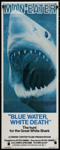7k042 BLUE WATER, WHITE DEATH insert '71 super close image of great white shark with open mouth!