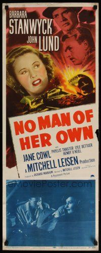 7k259 NO MAN OF HER OWN insert '50 Barbara Stanwyck, cool artwork of exploding train!