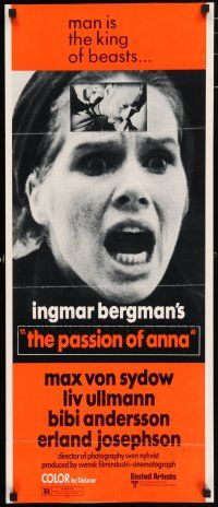 7k274 PASSION insert '70 Ingmar Bergman's En Passion, close-up of terrified Liv Ullmann!