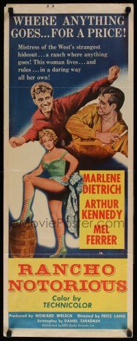 7k295 RANCHO NOTORIOUS insert '52 Fritz Lang directed, art of sexy Marlene Dietrich showing leg!