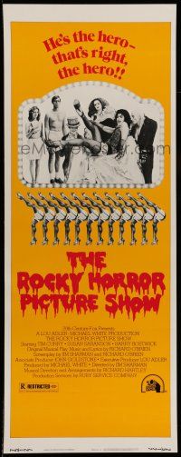 7k309 ROCKY HORROR PICTURE SHOW insert '75 wacky image of 'the hero' Tim Curry & cast!