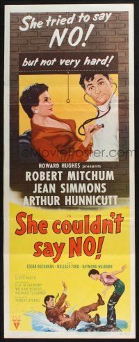 7k333 SHE COULDN'T SAY NO insert '54 sexy short-haired Jean Simmons examines Dr. Robert Mitchum!