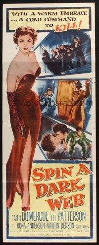 7k349 SPIN A DARK WEB insert '56 film noir art of sexy full length Faith Domergue with gun!
