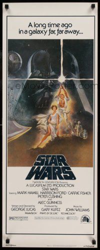 7k355 STAR WARS insert '77 George Lucas classic sci-fi epic, great artwork by Tom Jung!