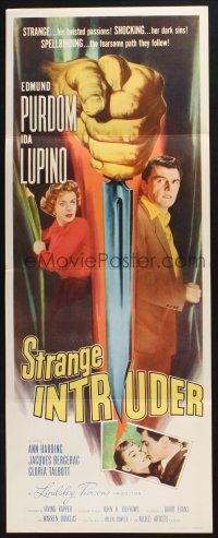 7k363 STRANGE INTRUDER insert '56 Edmund Purdom, Ida Lupino, Ann Harding, twisted passions!