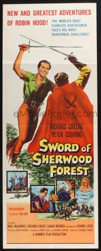 7k373 SWORD OF SHERWOOD FOREST insert '60 art of Richard Greene as Robin Hood fighting Peter Cushing
