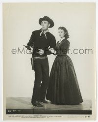 7m429 HANGMAN'S KNOT 8x10 still '52 full-length Randolph Scott with gun drawn & pretty Donna Reed!