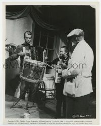 7m846 TWO RODE TOGETHER candid 8x10.25 still '61 John Ford playing drum, James Stewart on accordion!