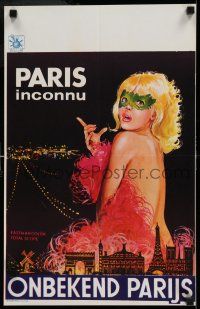 7p249 PARIS INCONNU Belgian '68 cool art of exotic dancer in costume over cityscape!