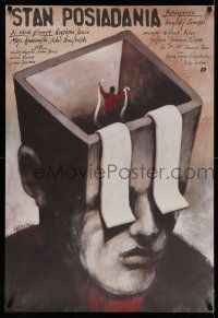 7p540 INVENTORY Polish 26x38 '89 wild abstract art of man with toilet-paper eyes by Pagowski!