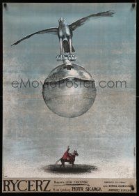 7p543 KNIGHT Polish 27x38 '80 bizarre Andrzej Pagowski art of bird w/ball over knight on horse!