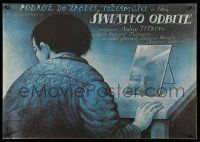 7p519 SWIATLO ODBITE Polish 19x27 '89 cool Wieslaw Walkuski artwork of man with mirror on desk!