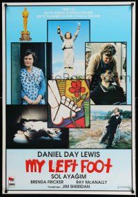 7p111 MY LEFT FOOT Turkish '90 Daniel Day-Lewis, cool inset artwork of foot w/flower by Seltzer!