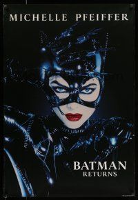 7r067 BATMAN RETURNS teaser 1sh '92 Tim Burton directed, sexy Michelle Pfeiffer as Catwoman