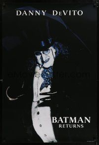 7r068 BATMAN RETURNS undated teaser 1sh '92 close-up of Danny DeVito as the Penguin, Tim Burton!