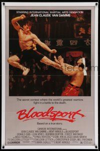 7r087 BLOODSPORT 1sh '88 cool image of Jean Claude Van Damme kicking Bolo Yeung in his huge pecs!