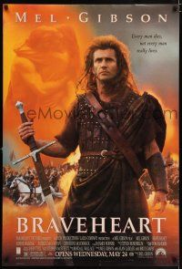 7r096 BRAVEHEART advance DS 1sh '95 cool image of Mel Gibson as William Wallace!