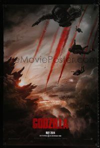 7r277 GODZILLA teaser DS 1sh '14 image of soldiers parachuting over monster & burning city!