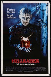 7r317 HELLRAISER 1sh '87 Clive Barker horror, great image of Pinhead, he'll tear your soul apart!