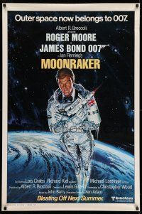 7r493 MOONRAKER style A advance 1sh '79 art of Roger Moore as Bond in space by Goozee!
