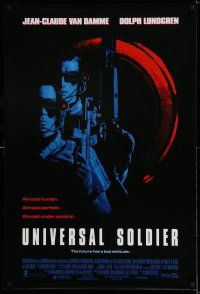 7r794 UNIVERSAL SOLDIER DS 1sh '92 great close up of Jean-Claude Van Damme & Dolph Lundgren!