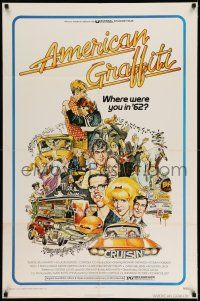7t086 AMERICAN GRAFFITI 1sh '73 George Lucas teen classic, wacky Mort Drucker artwork of cast!