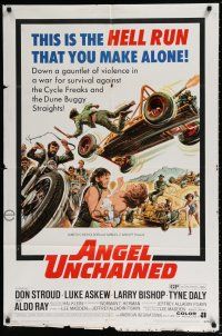 7t093 ANGEL UNCHAINED 1sh '70 AIP, bikers & hippies, this is the hell run that you make alone!