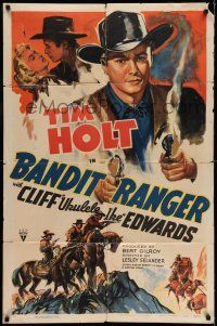 7t114 BANDIT RANGER 1sh '42 wonderful artwork of cowboy Tim Holt with two smoking guns!