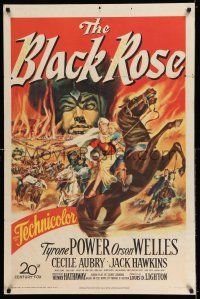 7t135 BLACK ROSE 1sh '50 great fiery action artwork of Tyrone Power & Orson Welles!