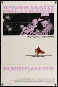 7t141 BONNIE & CLYDE 1sh '67 Warren Beatty & Faye Dunaway are young, in love & kill people!