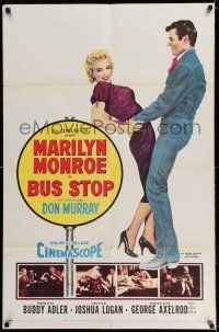 7t155 BUS STOP 1sh '56 great art of cowboy Don Murray holding sexy Marilyn Monroe!