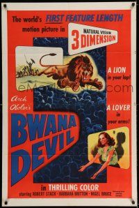 7t158 BWANA DEVIL 1sh '53 3-D art of a lion in your lap & a lover in your arms!