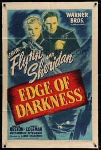 7t347 EDGE OF DARKNESS 1sh '42 great image of Errol Flynn & Ann Sheridan, both pointing guns!