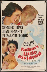 7t362 FATHER'S LITTLE DIVIDEND 1sh '51 art of Elizabeth Taylor, Spencer Tracy & Joan Bennett!