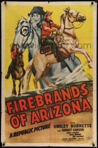 7t381 FIREBRANDS OF ARIZONA 1sh '44 Smiley Burnette, Sunset Carson, cool western horse art!
