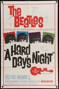 7t457 HARD DAY'S NIGHT 1sh '64 great image of The Beatles in their 1st film, rock & roll classic!