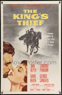 7t504 KING'S THIEF 1sh '55 Ann Blyth romancing Edmund Purdom & art of masked Purdom on horse!