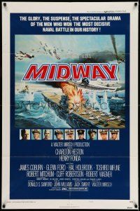 7t558 MIDWAY style B 1sh '76 Charlton Heston, Henry Fonda, dramatic naval battle art!
