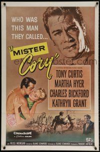 7t561 MISTER CORY 1sh '57 art of professional poker player Tony Curtis & kissing sexy Martha Hyer!