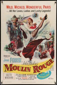 7t569 MOULIN ROUGE 1sh '53 Ferrer as Toulouse-Lautrec, art of sexy French dancer kicking leg