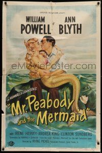 7t572 MR. PEABODY & THE MERMAID 1sh '48 art of William Powell being kisses underwater by Ann Blyth!